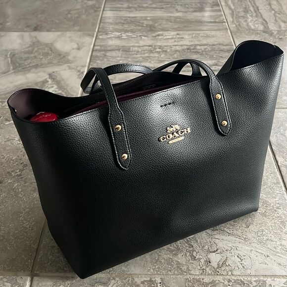 Coach Town Tote Polished Pebbled Leather Black, New - Picture 3 of 14